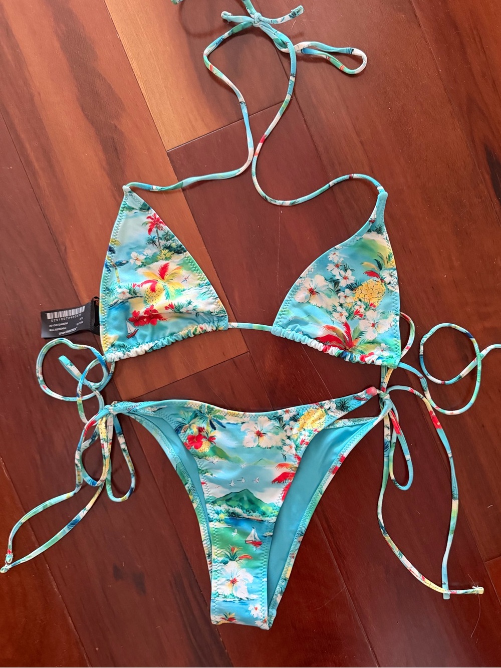 Zara Aqua Floral Triangle String Bikini Top New!